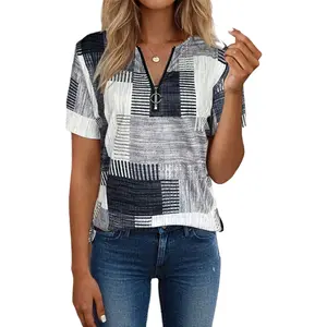 Flamingals Colorblock Zipper Front Round Neck Short Sleeve T-Shirt Womenswear Summer Vibes