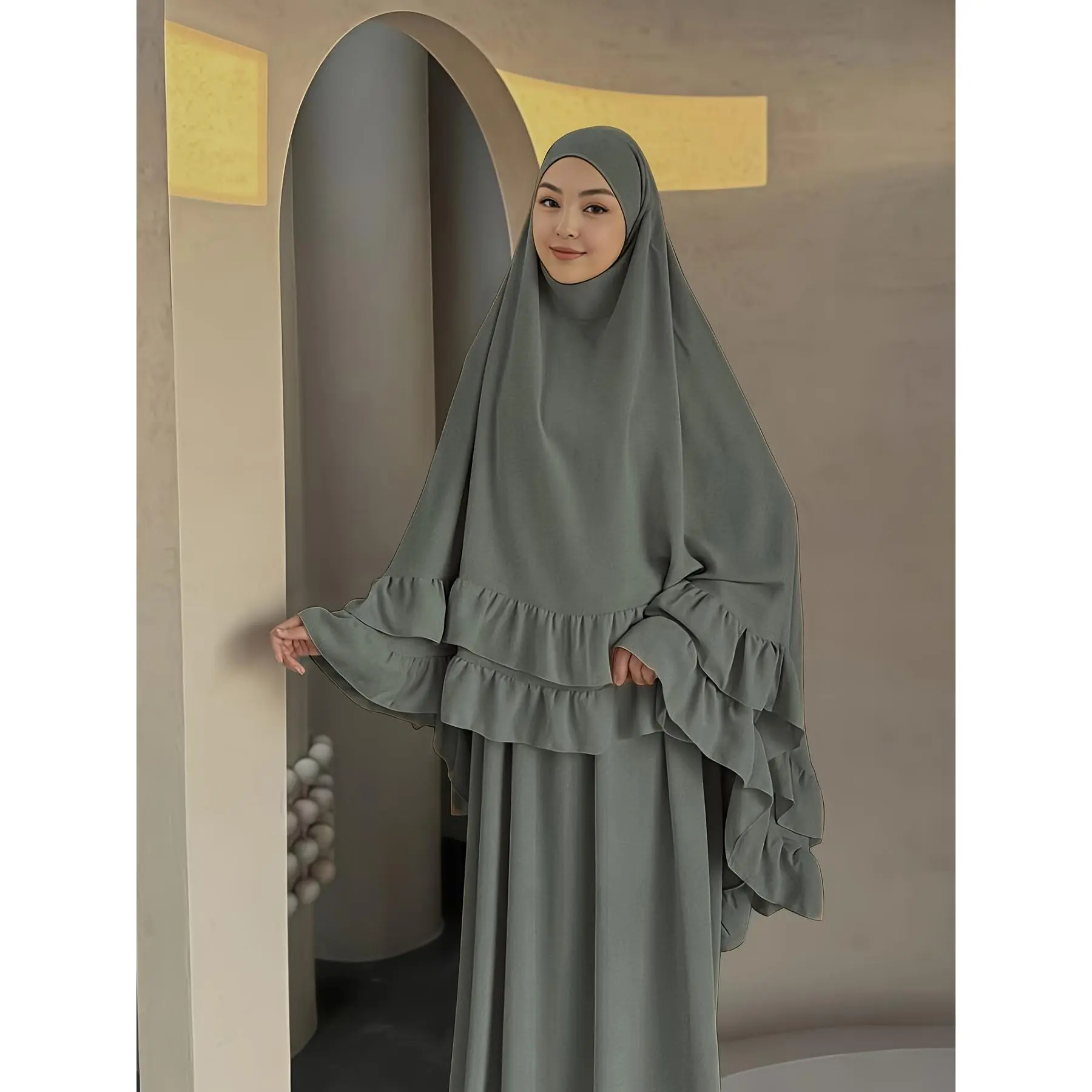 Women's Plus Size Double-Layered Pleated Solid-Color Jilbab - Casual, Plain, Breathable, Comfortable, Loose Polyester Modest Wear for Daily Outings, Muslim Khimar Hijab Abaya, Comfortable Fabric, Modest & Loose, Easy Daily Wear