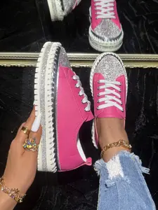 Women's Fashion Glittering Lace up Sneakers, Trendy Colorblock Soft Comfortable Sports Shoes, Casual Versatile Shoes for Daily Wear