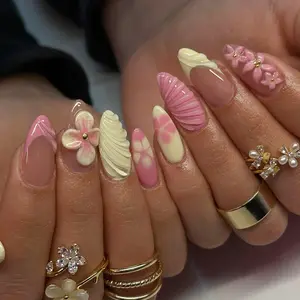 Spring Sensual 3D Floral Nail Art Set, Medium Almond Shape, Glossy Press-On Nails, Reusable, 24 Pieces, Perfect for Dates, Includes Jelly Glue & File
