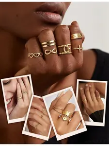 12 Pcs Women's Retro Vintage Ring Set - Stainless Steel, Adjustable, Stackable, Gold Phalange Rings, Stacking Ring Set