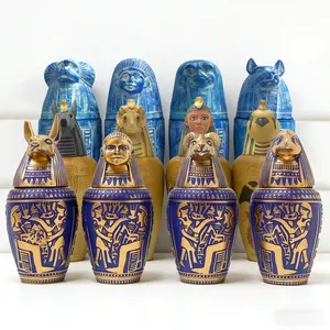 A mysterious set of four Egyptian Canopic jars – meticulously crafted resin figurines and home decor pieces, ancient mythological ornaments and unique collectible art that brings the secrets of the pharaohs and gods into your home.