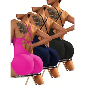 3pcs Sexy Fitness Jumpsuit Women Cross Adjustable Sports Playsuit Running Yoga Suit Scrunch Shorts Backless Romper Shapewear