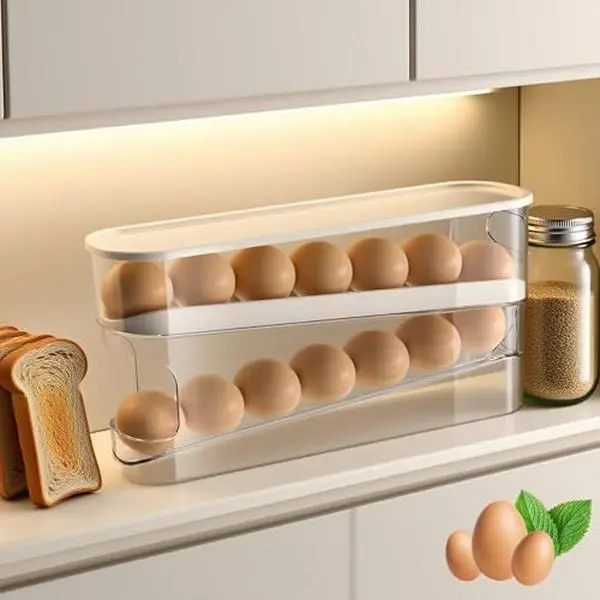 Refrigerator Clamshell Egg Storage Box Is Made of Durable Plastic Automatic Rolling Multi layer Rack Maximizing The Use of Refrigerator Space Space saving Kitchen Storage Artifact