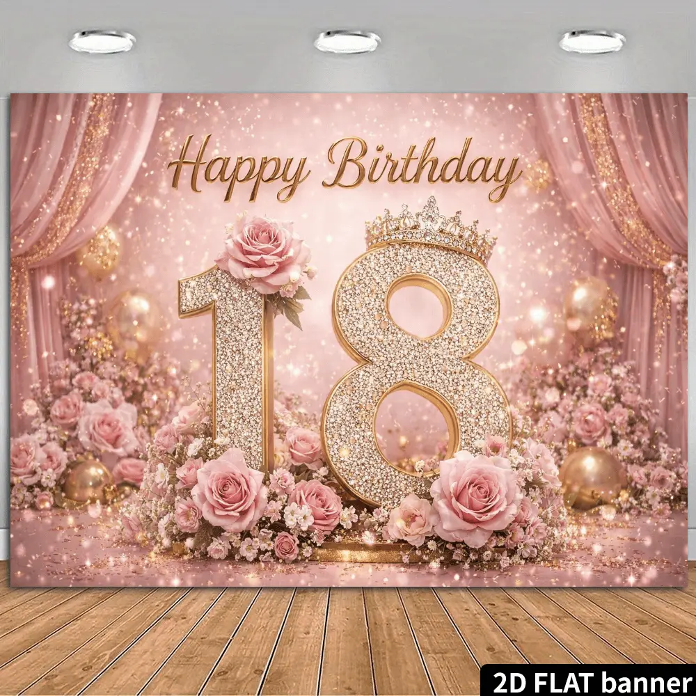 18th Birthday Polyester Photography Backdrop - 2D Flat Banner, HD Digitally Printed, Soft Lightweight Foldable Cloth, Pink Rose Gold Glitter Floral Design, Indoor Festive Party Decor, Photo Booth Prop
