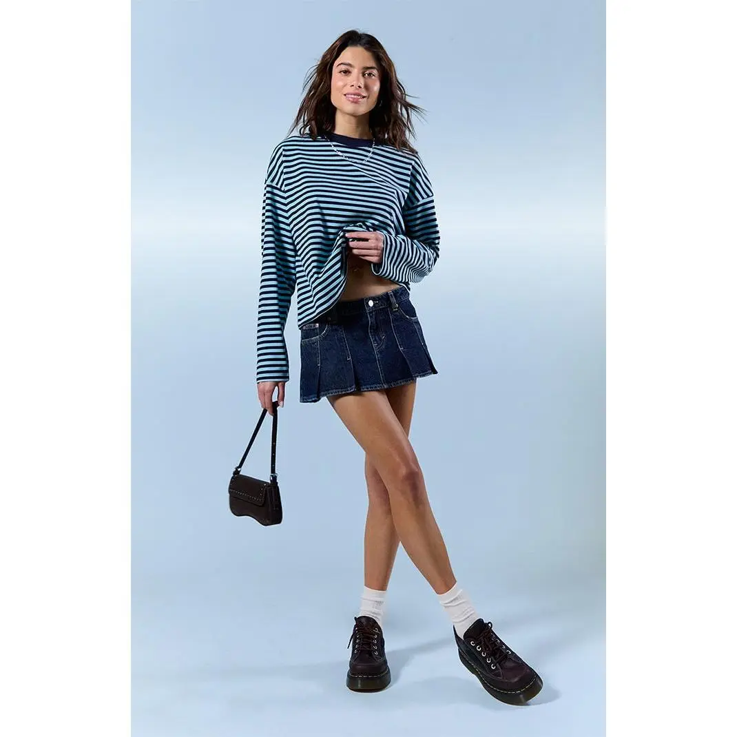 Pacsun Women's Piper Dark Blue Pleated Low Rise Jean Micro Skirt - Multicolor