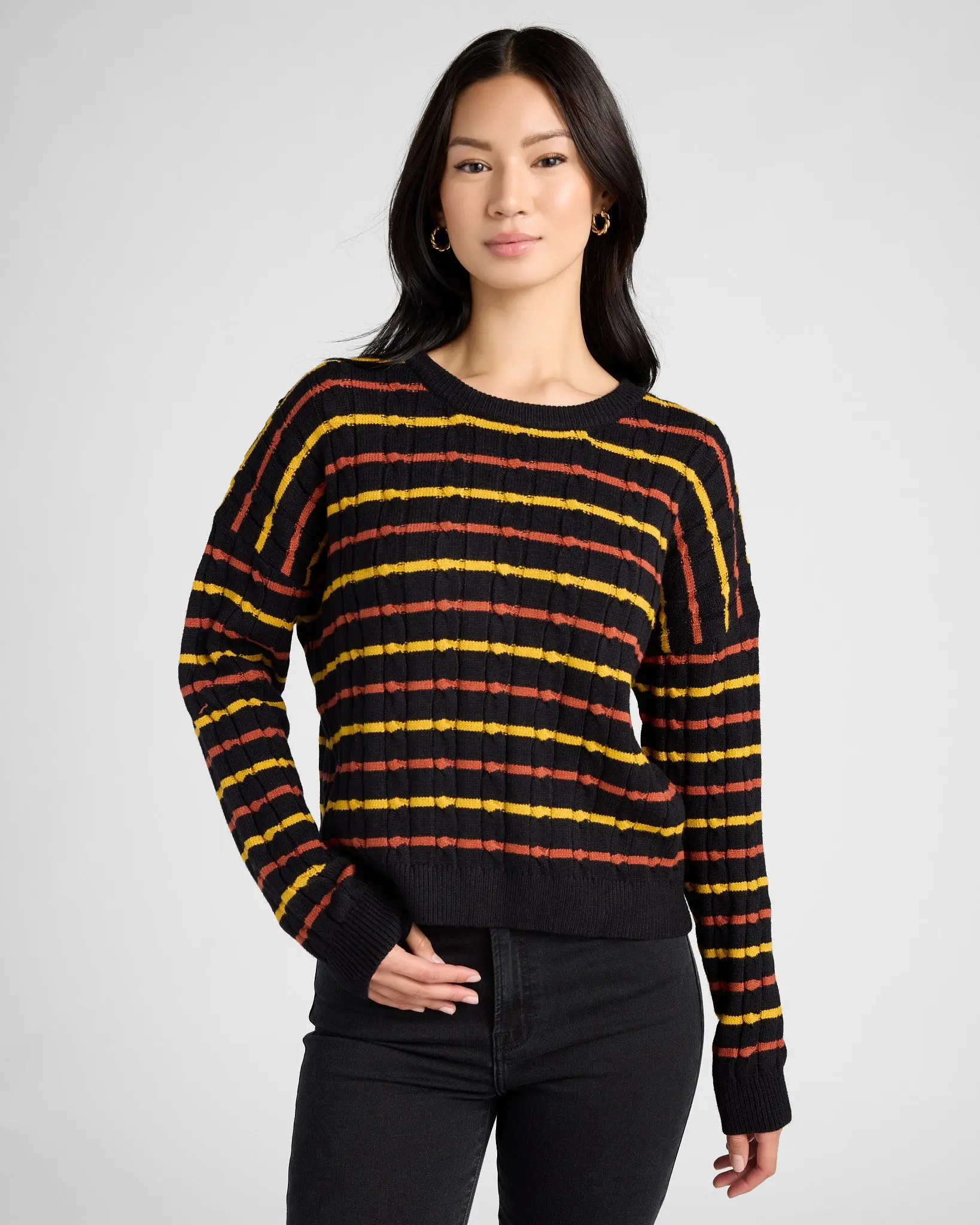 Women's Striped Aran Detail Boxy Knitwear Tops, Long Sleeve Ribbed Fit Pullover, Casual, Sweater, Boxy Fit Women's Pullovers, Graphic Striped Women's Pullovers
