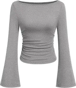 Women's Chic American-Style Pure Color Boat Neck Long Flared Sleeves Pleated Slim-Fitting Blouse T-Shirt, Blouses
