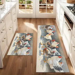 2Pcs White Hen Rooster Floor Mat Set Printed Carpet Farmhouse Anti Fatigue Kitchen Carpet Non Slip Washable Winter Kitchen Dining Floor Laundry Room Decoration Carpet Mat Washable Runner Rugs Animal Printed Rug
