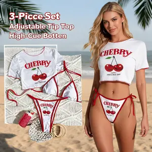 Women's Cartoon Cherry Print Short Sleeve Bikini Set, Low-Waist Fitted Swimwear, Casual All-Season Swimsuit, Women's Three-Piece Set