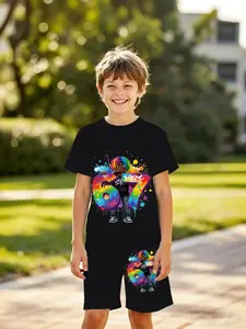 Boys' 3D Short Sleeve Set Rainbow Sixseven Graffiti Print Casual Two-Piece, Perfect for Outdoor, Holiday Gifts, Birthday Presents