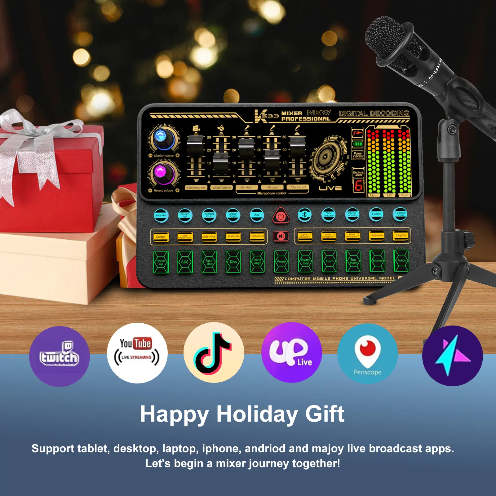 HOSABELY Battery-Powered Live Sound Mixer & Audio Interface Karaoke System - Mobile/Smartphone Compatible, Volume Fader, Voice Changer, Sound Effects, Mini Microphone, Card Recording - Phone Electronics Accessory