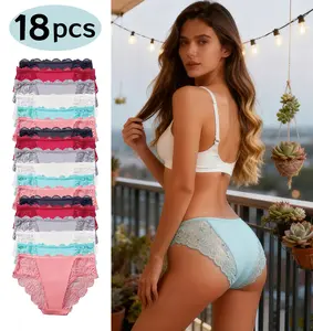QQ 18-Piece Women's Plus-Size Panties-Comfy Simple Style,Skin-Friendly Soft Material,Quick-Dry Sweat-Absorbent, Breathable Mesh Detail, Wide Non-Roll Waistband Fits Curves, Rose-Print Semi-Transparent, Multi-Color for Daily Wear/Home Relaxation Womenswear