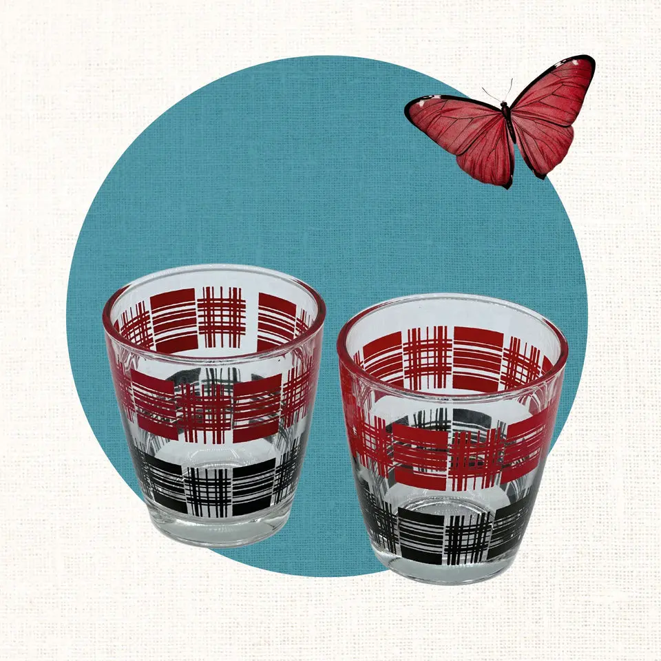 Vintage Hazel Atlas MCM Red and Black Plaid Lowball Glasses, Set of 2