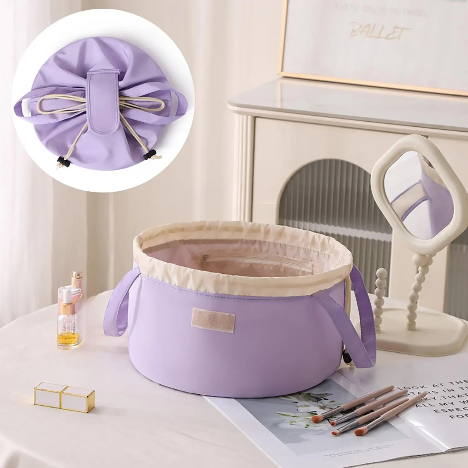 Lazy Drawstring Makeup Bag, Cosmetic Bags, Durable Polyester, Large Capacity, Waterproof, Internal Compartments, Ideal for Travel and Home Use, Multifunctional Toiletry Bag