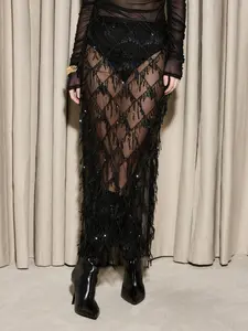 Women's Long Mesh Dress with Sequins and Fringe, Rhombic Pattern, Sexy Style, Perfect for Parties and Stage Performances