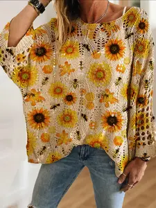 Women's Floral Sunflower Bee Print Knit Top, Loose-Fitting Batwing Shoulder Design, Casual Elegant Vacation Style, Comfortable Breathable Knitwear Sweater