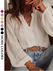 Women's Lightweight Breathable Loose Fit Button-Up Shirt, Elegant Aesthetic Casual and Formal V-Neck Long Sleeve Blouse Top, Perfect for Layering or Solo Wear