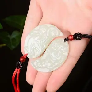 Natural White Jade Dragon & Phoenix Pendant, Oriental Auspicious Couple Luck Jewelry