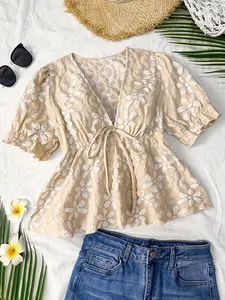 Spring Summer Women's Shirt, Embroidered Floral Design, V-Neck, Bubble Sleeves, Slimming Waist, Casual Elegance Style, Casual Fashion Top