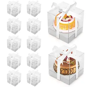 12 Pack Clear Plastic Cupcake Boxes, 3.5 Inch Silver Single Cupcake Containers Disposable Individual Cupcake Carrier Holder Box with Inserts and Ribbon Clear Boxes for Cupcakes