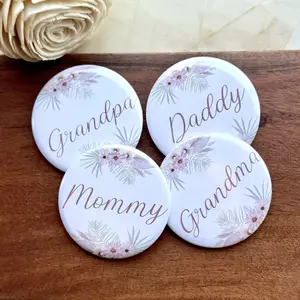 Boho Baby Shower Pins – Pink Neutral Floral Name Tags for Mommy, Daddy, Grandma, Grandpa | Blush Boho Baby Shower Buttons | baby in bloom