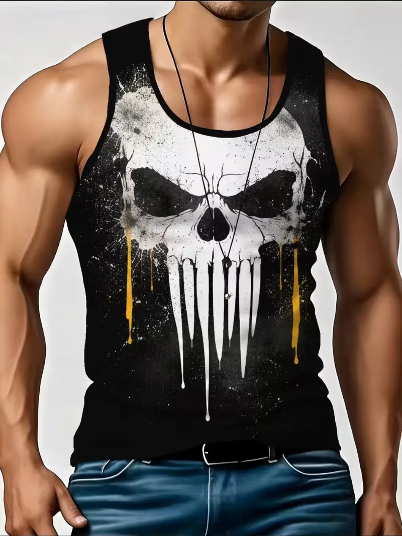 Men's Latest Vest Top, Basketball Fitness Sleeveless T-Shirt, Skull Print, American Street Fashion, Breathable, Casual Sports Wear, Athletic Street Vest