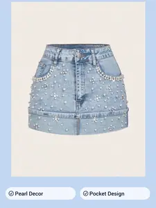 Women's Fashion Pearl Decor Pocket Denim Mini Skirt