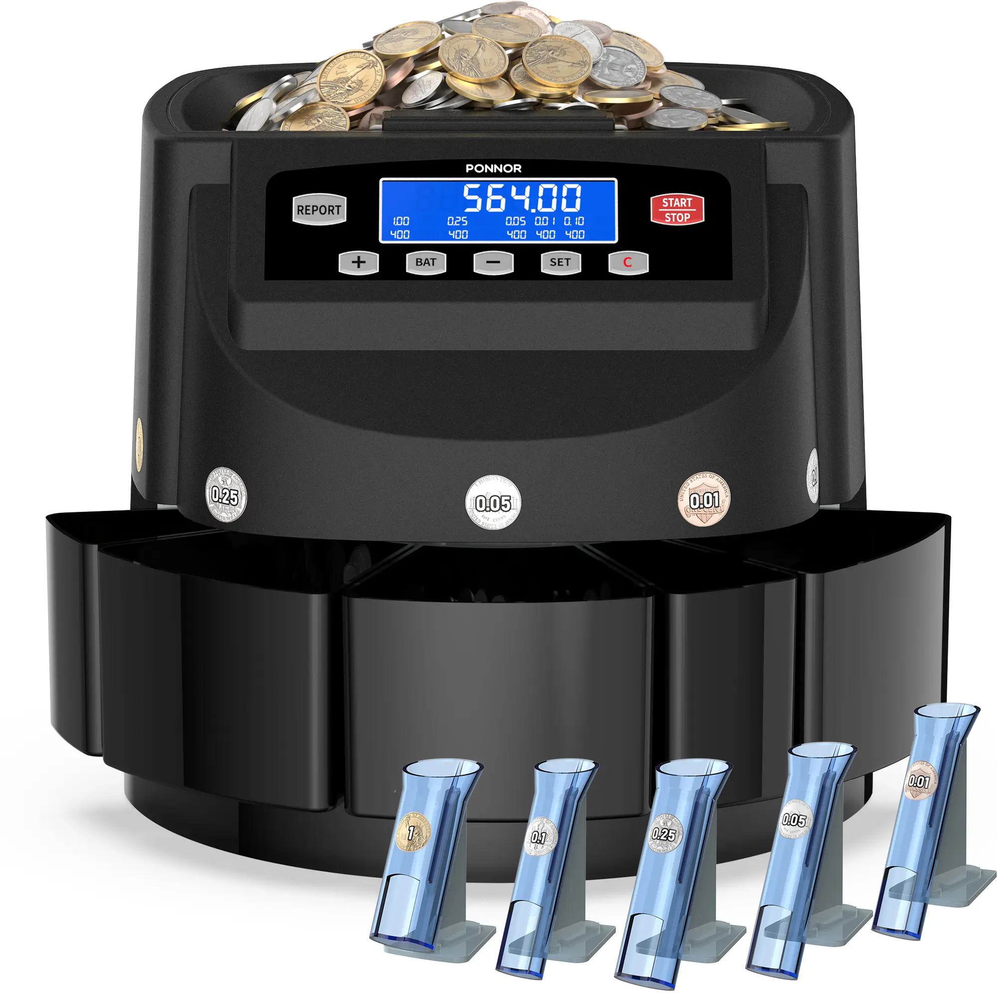 PONNOR Coin Counter Machine Sorter Change and Wrapper Roller Counting Organizer Sorts up to 300 Coins Per Minute Automatically Sorts and Batches