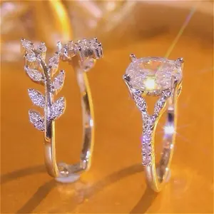 Leaf Design Zirconia Ring Set Oval-cut Full Zircon Ladies’ Index Finger Jewelry for Daily & Party Wear | Exquisite Style Perfect Bride Engagement Promise Wedding Anniversary Birthstone Ring | Couple Ring Set | Women’s Jewelry | Perfect Gif
