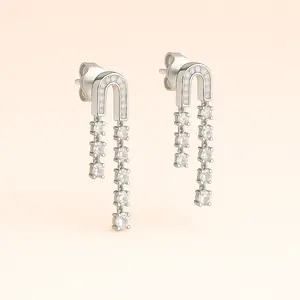 Sterling Silver U-Shaped Stud Dangle Earrings – Dainty Cubic Zirconia Drop Earrings | Modern Bridal Earrings | Elegant Statement Jewelry