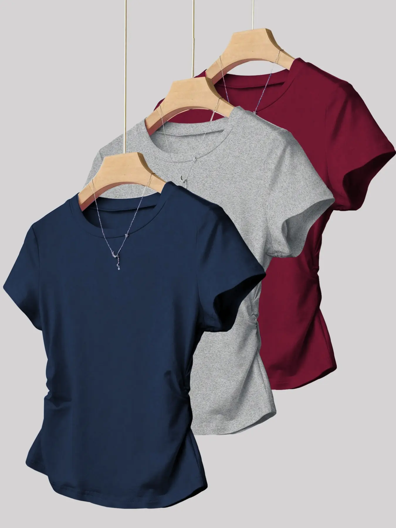 3-Pack Women's Pleated Slim Fit Round Neck Short Sleeve Summer Casual Minimalist Fitted Basic T-Shirts, Casual Stylish Tee, Top, Solid Color, Soft Stretch Fabric, All Season