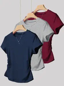 3-Pack Women's Pleated Slim Fit Round Neck Short Sleeve Summer Casual Minimalist Fitted Basic T-Shirts, Top, Solid Color, Soft Stretch Fabric, All Season