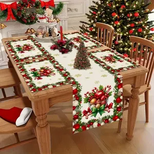 2D flat printing, 1 piece/4 pieces/6 pieces/5 pieces set/7 pieces set, Christmas table flag and placemat set - red, green, gold, white holly berry snowflake pattern, rectangular table decoration, suitable for holiday parties and family gatherings