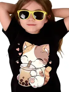 Kids Cute Cat Boba Tea Graphic T-Shirt - Casual Short Sleeve Crew Neck Toddler Bubble Tea Cat Tee for Girls