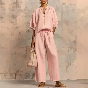 Women's 2-Piece Loose-Fitting Plus Size Lounge Set, Lady's Women's Clothes, Quarter-Zip Pullover Top, Wide Leg Pants, Casual Sweatsuit Outfit, Minimalist, Basic