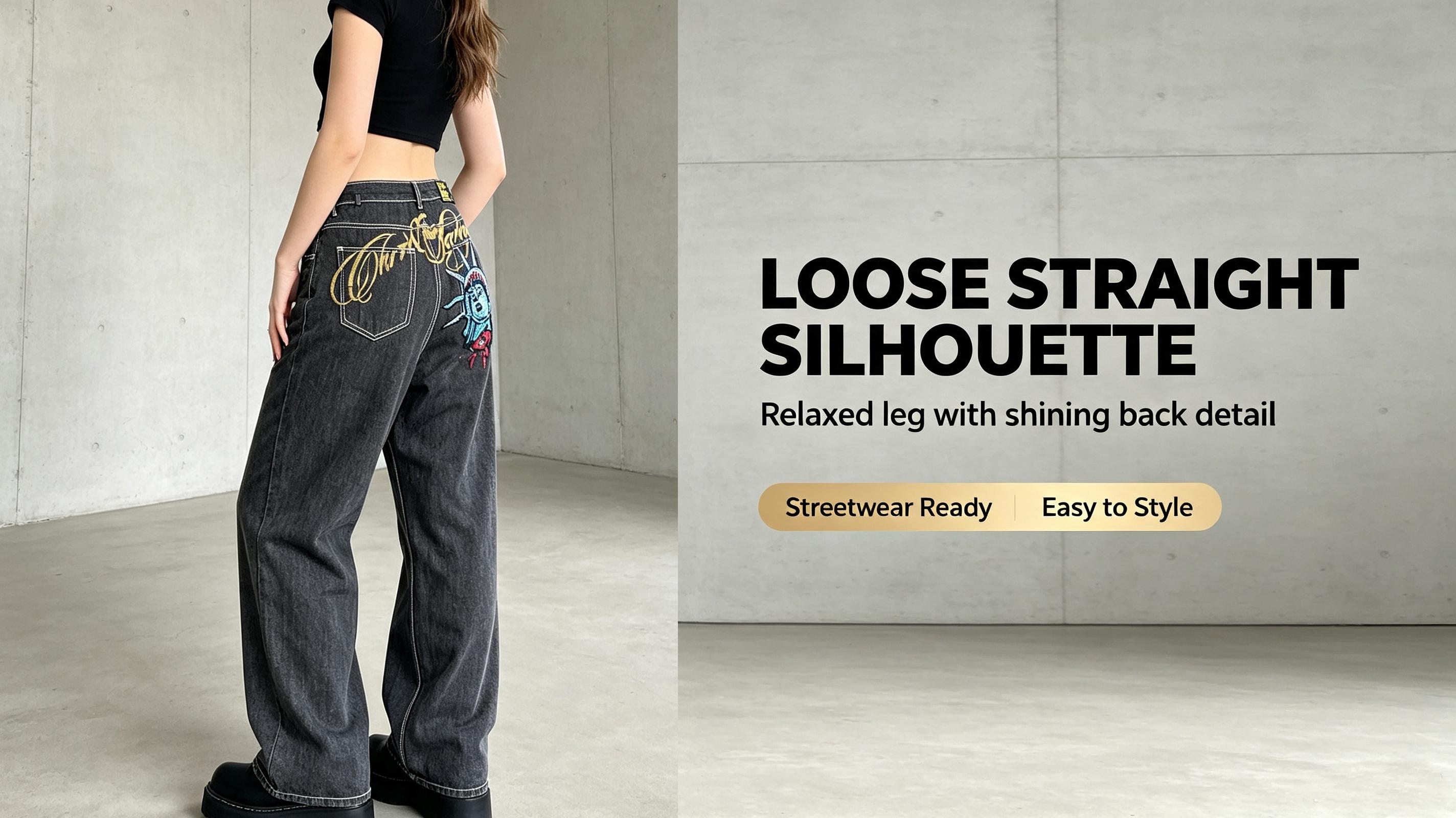 Women's Wide Leg Jeans Y2K Letters Embroidery Stitch Jeans Casual Everyday Street Style