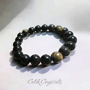 Gold Obsidian Natural Stone Stretch Bead Bracelet - Unisex, 8mm or 10mm crystal