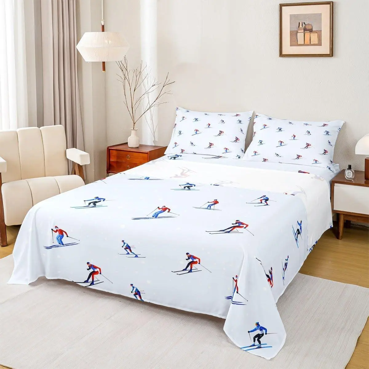 Ski Sheet Set,Winter Skiing Extreme Sports Bedding Set Skiers Room Decor,Cartoon Red Navy Ski Player Bed Sheet,Blue White Fitted + Flat Sheet