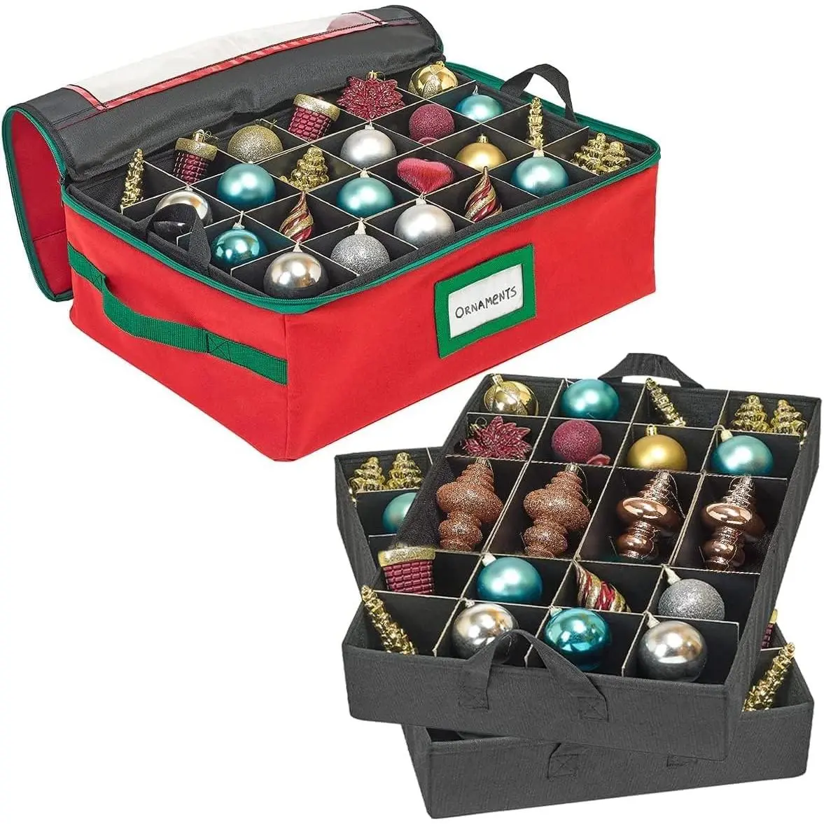 Underbed Christmas Ornament Storage Box with Dividers - Durable Home Decor Organizer, 2 Removable Trays, Acid-Free Cardboard, 20" W x 14" D x 6" H, Fits Up to 48-3” Christmas Ornaments, Red