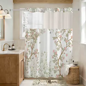 Double Layer Shower Curtain, Watercolor Floral, Waterproof, No Hooks, Easy Install, Rustic Style, Hotel, Dorm, Home Decor