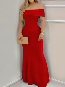 1 piece mature women's luxury solid color off-shoulder evening dress