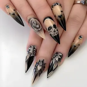 Skull Heart Flower Nail Art, Simple Rose Design with Rhinestones, Press-On False Nails for Girls, Party Wear, Unique Skull Rose Style