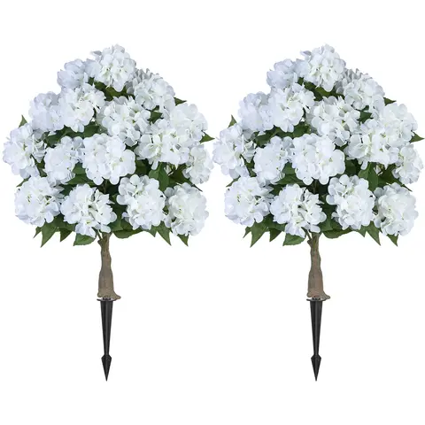 2-Pack 33 in Faux Silk Hydrangea Topiary Ball Trees, 20 Heads White Artificial Decorative Plants with Wood Outdoor Spike, Year-Round Blooms for Front Porch, Garden Patio