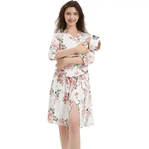 Maternity Robe and Baby Receiving Blanket, Matching Mommy Labor Delivery Robe and Swaddle Set (m, white big flower)