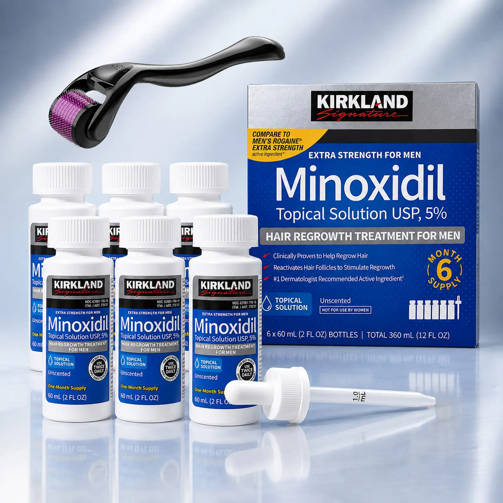Kirkland Minoxidil Men's Scalp Serum Kit - Daily Nourishing Drops for Thicker & Fuller Looking Hair, Premium Grooming & Personal Care Routine with Precision Dropper
