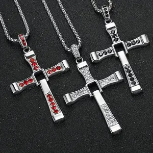 Fashionable Men's Necklace Simple and Elegant Synthetic Zircon Cross Pendant Stainless Steel Necklace Wearing Accessories