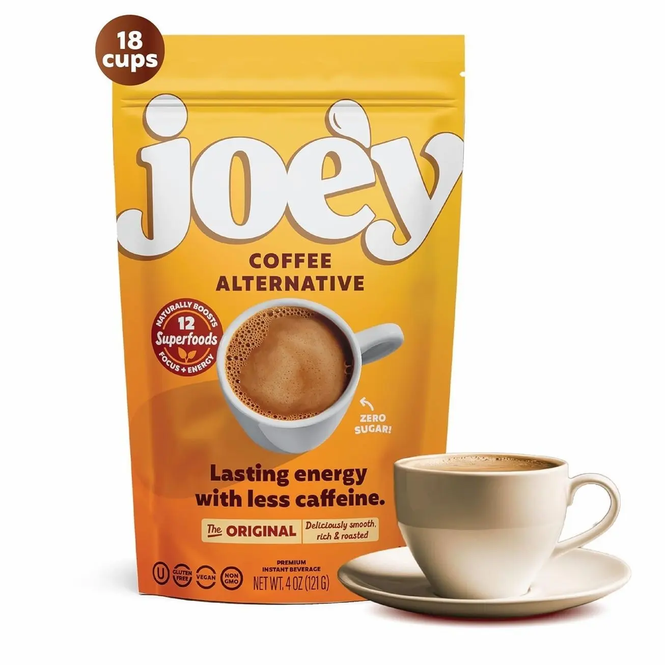Joey Mushroom Coffee Alternative with Cacao Dandelion Root, and Chicory, Instant Mushroom Coffee Substitute with Superfoods, Vegan Gluten-Free Energy Drink for Focus and Calm, 18 Servings