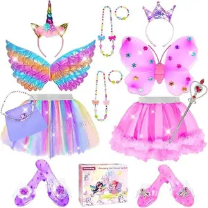 Mother Day Gift Princess Dress Up for Girls 4-6 With Tutu Shoes Jewelry Unicorn Headband Butterfly Wing Toddler Dress Up Clothes Pretend Play Fairy Costumes Set for Girls Christmas Birthday Gift 3 4 5 6 7 Girl Toys