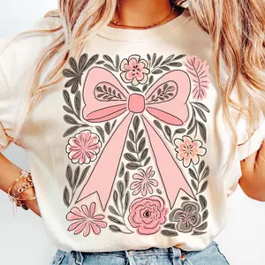 Comfort Colors Boho Floral Pink Coquette Bow T-Shirt, Preppy Floral Wildflowers TShirt, Cottagecore Flowers T-Shirt, Girly Summer T-Shirt